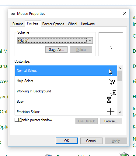 Configure Mouse Pointers from Mouse Properties