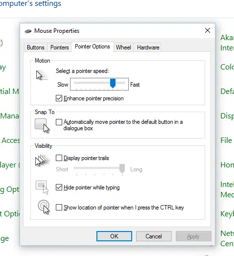 Mouse Pointer Options in Mouse Properties