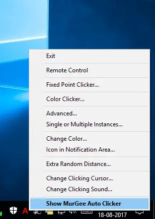 Right Click Menu on Notification Icon of Auto Clicker on Windows 10 Computer